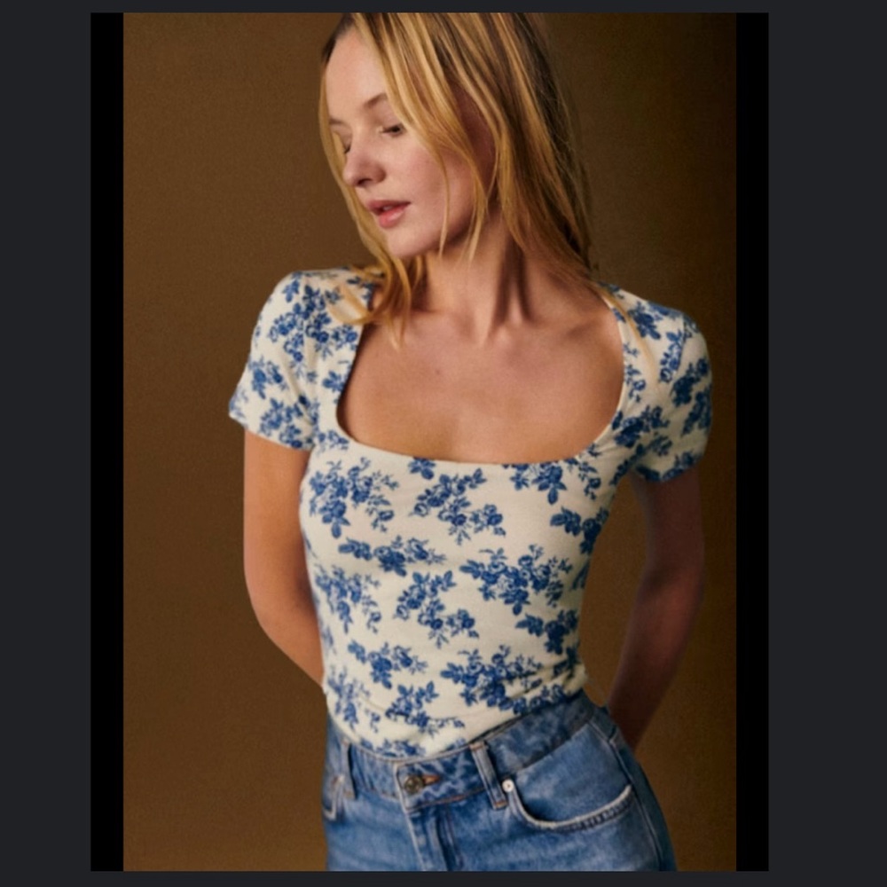 Sezane Amara T-Shirt Fiori Blue Print Size Small